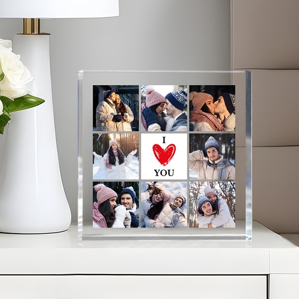 Personalized Heart I Love You 8 Photos Collage Square Acrylic Plaque Desk Decor Valentine's Day Anniversary Gift for Couple