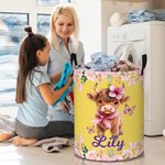 Panier à linge imperméable personnalisé avec nom Fleur Papillon Highland Vache Décoration de la chambre d'enfant Cadeau d'anniversaire pour enfant Famille