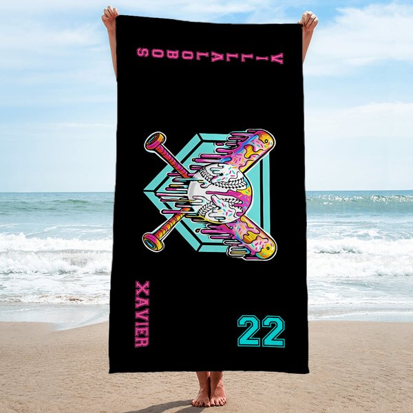Personalized Ice Cream Drip Baseball Oversized Name Beach Towel with Text and Number Travel Essential Vacation Birthday Gift for Baseball Lover Player