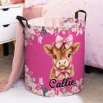 Panier à linge imperméable personnalisé avec nom Fleur Papillon Highland Vache Décoration de la chambre d'enfant Cadeau d'anniversaire pour enfant Famille