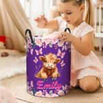 Panier à linge imperméable personnalisé avec nom Fleur Papillon Highland Vache Décoration de la chambre d'enfant Cadeau d'anniversaire pour enfant Famille