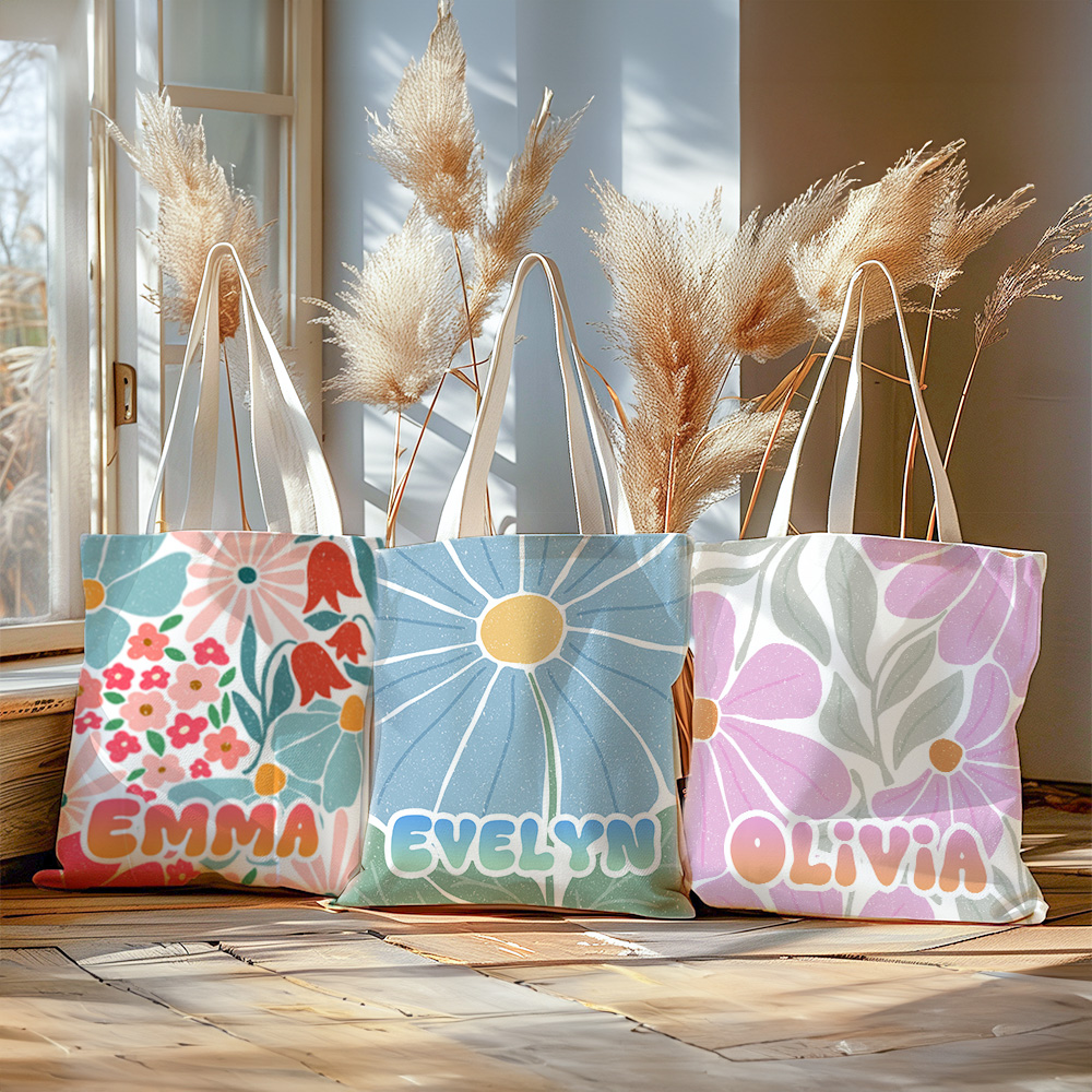 Sac Fourre-tout en Toile Personnalisé avec Motif Floral et Nom Cadeau Anniversaire Vacances Souvenir pour Femme Fille