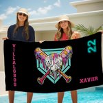 Personalized Ice Cream Drip Baseball Oversized Name Beach Towel with Text and Number Travel Essential Vacation Birthday Gift for Baseball Lover Player