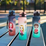 Borraccia personalizzata con nome personaggio in stile cartone animato e fiore di nascita colore sfumato sport regalo di compleanno per famiglia