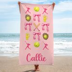 Personalised Softball Baseball Coquette Bow Quick Dry Oversized Beach Towel with Name Summer Holiday Accessories Birthday Gift for Sports Lover