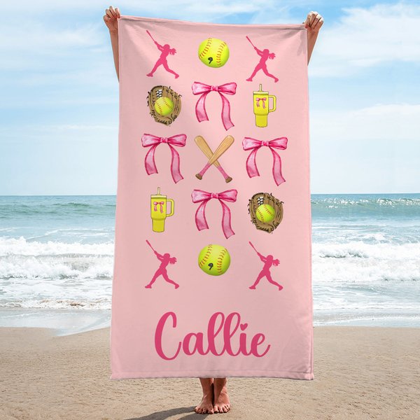 Personalized Softball Baseball Coquette Bow Quick Dry Oversized Beach Towel with Name Summer Vacation Accessories Birthday Gift for Sports Lover
