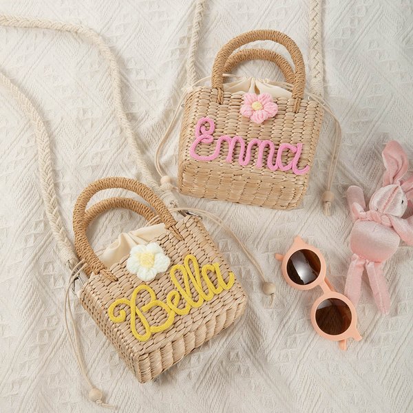 Borsetta a tracolla personalizzata in paglia intrecciata con fiore e nome fatta a mano fodera con coulisse regalo di compleanno o festa dei bambini