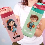 Gourde Isotherme 355 ml Personnalisée avec Motif Dessin Animé et Nom avec Paille et Couvercle Antifuite Cadeau de Rentrée pour Garçons et Filles