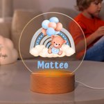 Luce notturna LED personalizzata con orsetto palloncino arcobaleno e nome base in legno decor per cameretta regalo di baby shower per bambini