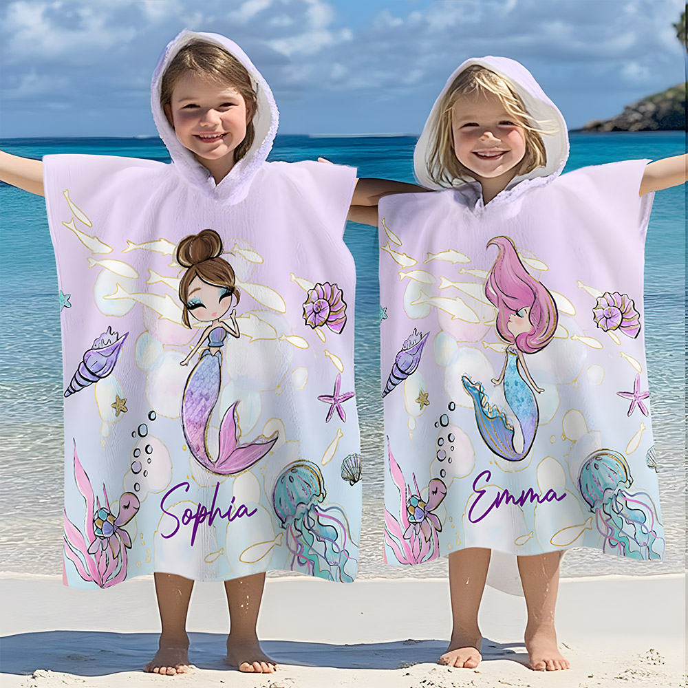Serviette de Plage à Capuche Personnalisée avec Motif Sirène Fantaisie et Nom Accessoire Été Cadeau Voyage Fête Anniversaire pour Filles