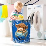 Panier à linge imperméable personnalisé avec nom Fleur Papillon Highland Vache Décoration de la chambre d'enfant Cadeau d'anniversaire pour enfant Famille