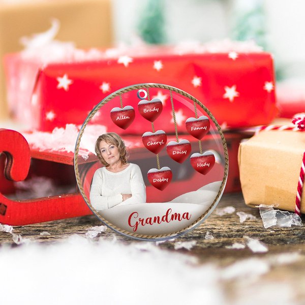 Personalised Red Heart Photo Clear Acrylic Hanging Ornament with Nickname and 1-15 Names Christmas Birthday Gift for Grandma Family
