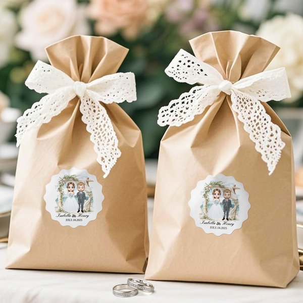 Personalised Multi-Shape Floral Cartoon Bride and Groom Stickers Labels with Name and Date Wedding Favor Decor for Couple Newlywed