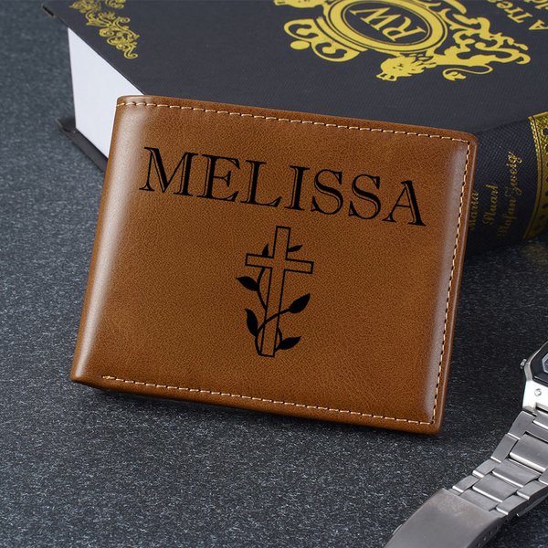 Personalised Cross PU Leather Wallet with Name Religious Baptism First Holy Communion Gift for Christian Men