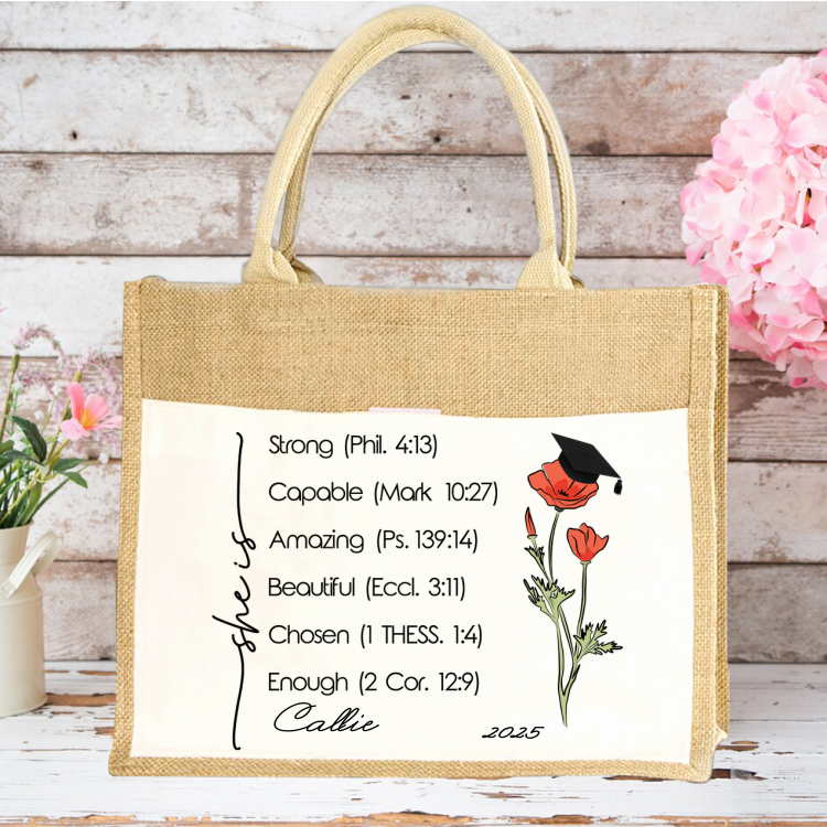 Versetti biblici personalizzati Fiore di nasca Cappello di laurea Borsa di iuta con nome e anno Regalo di laurea grande per donne laureate cristiane - CALLIE