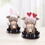Highland Cow Wooden Tabletop Decor with Personalised 12 Interchangeable Hats and Engraved Name Ear Tag Christmas Easter Gift for Cow Lovers
