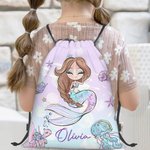 Gepersonaliseerde schattige zeemeermin draagbare koord rugzak met naam dagelijks gebruik reistoebehoren verjaardagscadeau voor meisjes