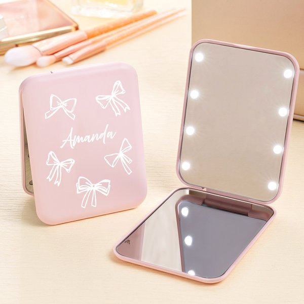 Personalized Bow LED Double-Sided Foldable Compact Makeup Mirror with Name Travel Accessories Birthday Gift for Women Girls