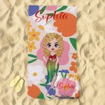 Personalized  2 in 1 Floral Cartoon Character Quick Dry Oversized Backpack Beach Towel with Name Beach Party Travel Birthday Gift for Women Men