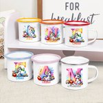 Tazza in smalto personalizzata da 355 ml con nome e iniziali bordo colorato a tema unicorno campeggio ritorno a scuola compleanno regalo per ragazzi