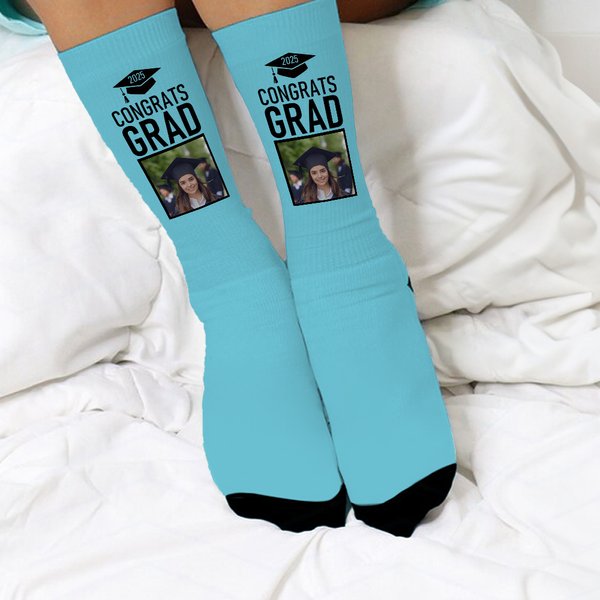 Personalized Graduation Hat Photo Congrats Grad Soft Multicolor Crew Socks with Name Celebration Graduation Gift for Graduates Classmates