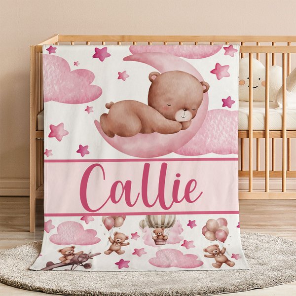 Personalised Sleeping Bear Cloud Moon Star Soft Throw Blanket with Name Home Decor Birthday Gift for Teenagers Kids