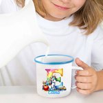 Tazza in smalto personalizzata da 355 ml con nome e iniziali bordo colorato a tema unicorno campeggio ritorno a scuola compleanno regalo per ragazzi