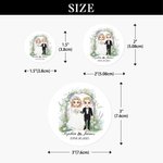 Personliga klistermärken i flera former med blommig tecknad brud och brudgum Etiketter med namn och datum Bröllopsfavorit Dekor för par nygifta