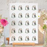 Personliga klistermärken i flera former med blommig tecknad brud och brudgum Etiketter med namn och datum Bröllopsfavorit Dekor för par nygifta