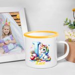 Tazza in smalto personalizzata da 355 ml con nome e iniziali bordo colorato a tema unicorno campeggio ritorno a scuola compleanno regalo per ragazzi