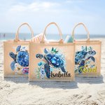 Sac Fourre-Tout en Toile de Jute Personnalisé avec Motif Tortue de Mer Fleurie et Nom Accessoire de Voyage Cadeau Anniversaire Plage pour Femme