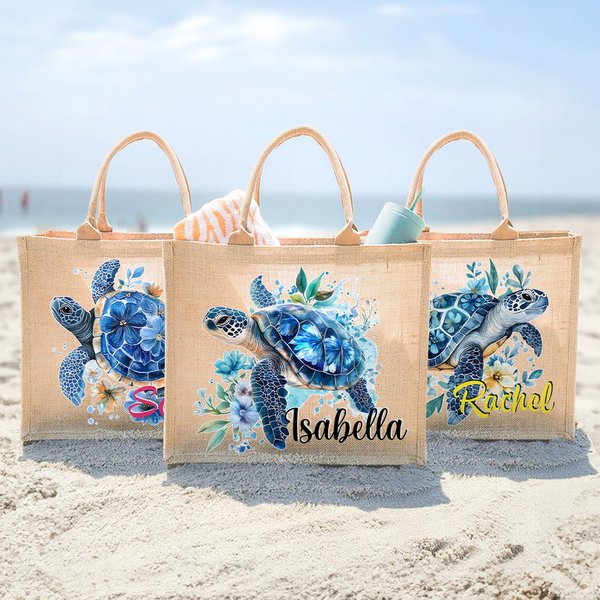 Personalized Floral Sea Turtle Jute Tote Bag with Name Travel Accessory Beach Party Birthday Gift for Women