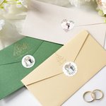 Personliga klistermärken i flera former med blommig tecknad brud och brudgum Etiketter med namn och datum Bröllopsfavorit Dekor för par nygifta