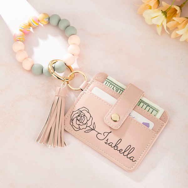 Personalized Birth Flower Keychain Wristlet Leather Wallet with Beaded Bracelet and Name Birthday Mother's Day Gift for Her