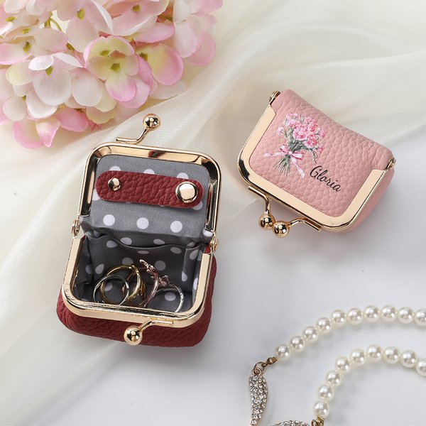 Personalized Birth Flower Bouquet Vintage Mini PU Leather Jewelry Box with Name and  Kiss Lock Travel Essential Birthday Bridesmaid Gift for Women