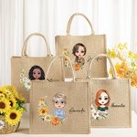 Personalised Birth Flower Cartoon Character Reusable Jute Tote Bag with Name Birthday Gift for Women