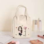 Personalised Cartoon Character Birth Flower PU Leather Makeup Bag with Name and Handle Travel Essentials Birthday Anniversary Gift for Girls Women