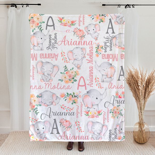 Gepersonaliseerde Floral Cute Elephant Girl Deken met Naam Kerst Verjaardag Baby Shower Gift voor Baby Kind Familie