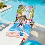Personalised Tropical Plants Cartoon Character Quick Dry Oversized Beach Towel with Name Summer Vacation Party Birthday Gift for Women Girls