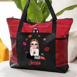 Borsa tote personalizzata in tela con nome disegno rossetto e personaggio cartone animato tasca in rete regalo di compleanno e viaggio per donne