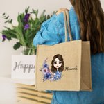 Personalised Birth Flower Cartoon Character Reusable Jute Tote Bag with Name Birthday Gift for Women