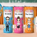 Personalized Multicolor Cartoon Teacher 20 oz Insulated Skinny Tumbler with Text and Straw Back to School Birthday Gift for Men Women