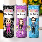 Personalized Multicolor Cartoon Teacher 20 oz Insulated Skinny Tumbler with Text and Straw Back to School Birthday Gift for Men Women