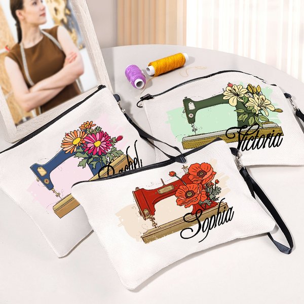 Personalized Vintage Birth Flower Sewing Machine Portable Makeup Bag with Name and Wrist Strap Birthday Gift for Women Sewing Craft Lovers