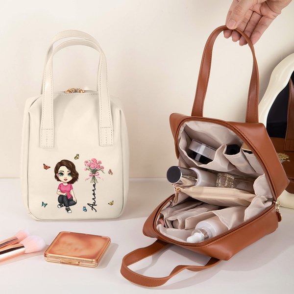 Personifierad tecknad karaktär Födelseblomma PU läder sminkväska med namn och handtag Resa Essentials Födelsedag Jubileum Present till flickor Kvinnor