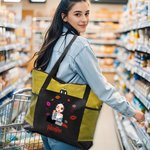 Borsa tote personalizzata in tela con nome disegno rossetto e personaggio cartone animato tasca in rete regalo di compleanno e viaggio per donne