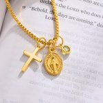 Personalized Virgin Mary Cross Necklace with Birthstone Dainty Jewelry Birthday Religious Baptism Gift for Women Christians