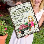 Personalised Retro Cartoon Gardening Character Vertical Metal Sign with Name Garden Decor Birthday Housewarming Gift for Grandma Mom Family