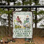 Personalized Retro Sitting Cartoon Characters Vertical Tinplate Metal Sign with Name Garden Door Decor Birthday Gift for Grandma Mom Gardening Lovers