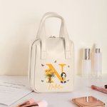 Personalised Birth Flower Cartoon Character PU Leather Makeup Bag with Handle and Multiple Compartments Travel Anniversary Birthday Gift for Women